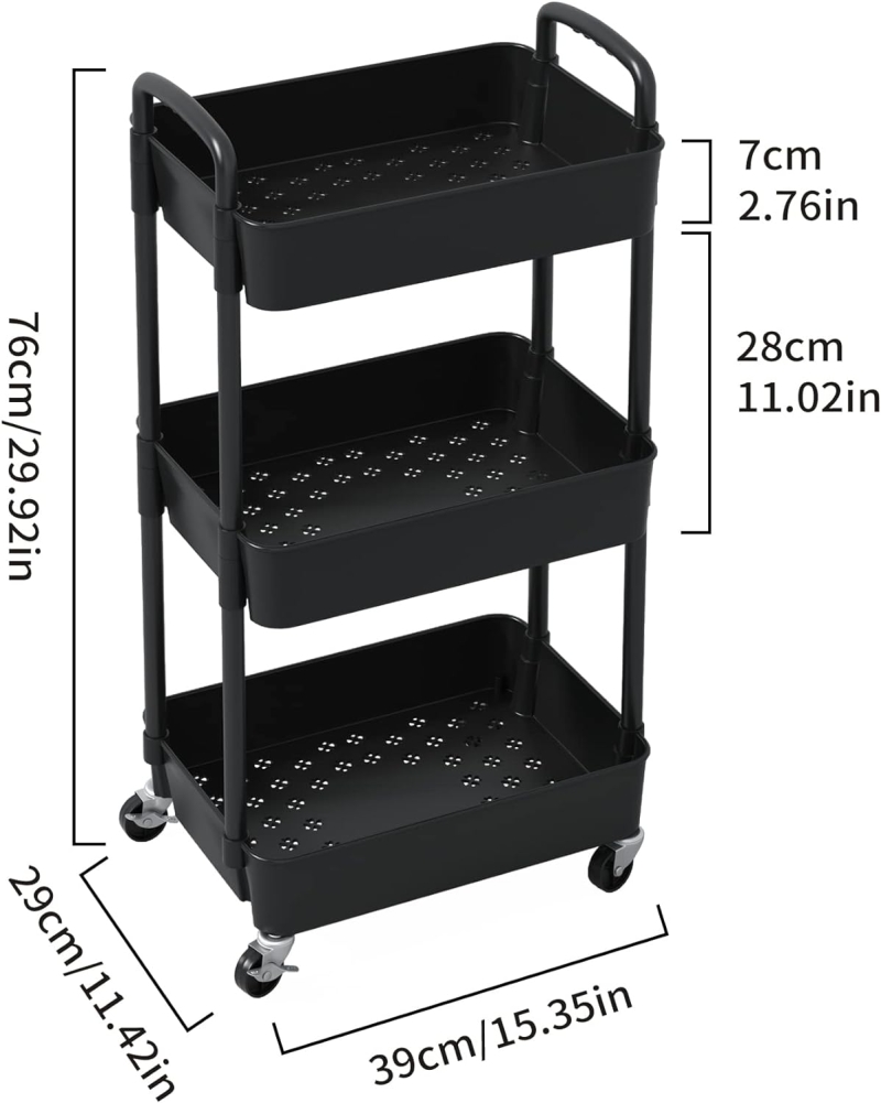 Plastic Rolling Utility Cart with Handle, Multi-Functional Storage Trolley for Office, Living Room, Kitchen, Movable Storage Organizer with Wheels, Black